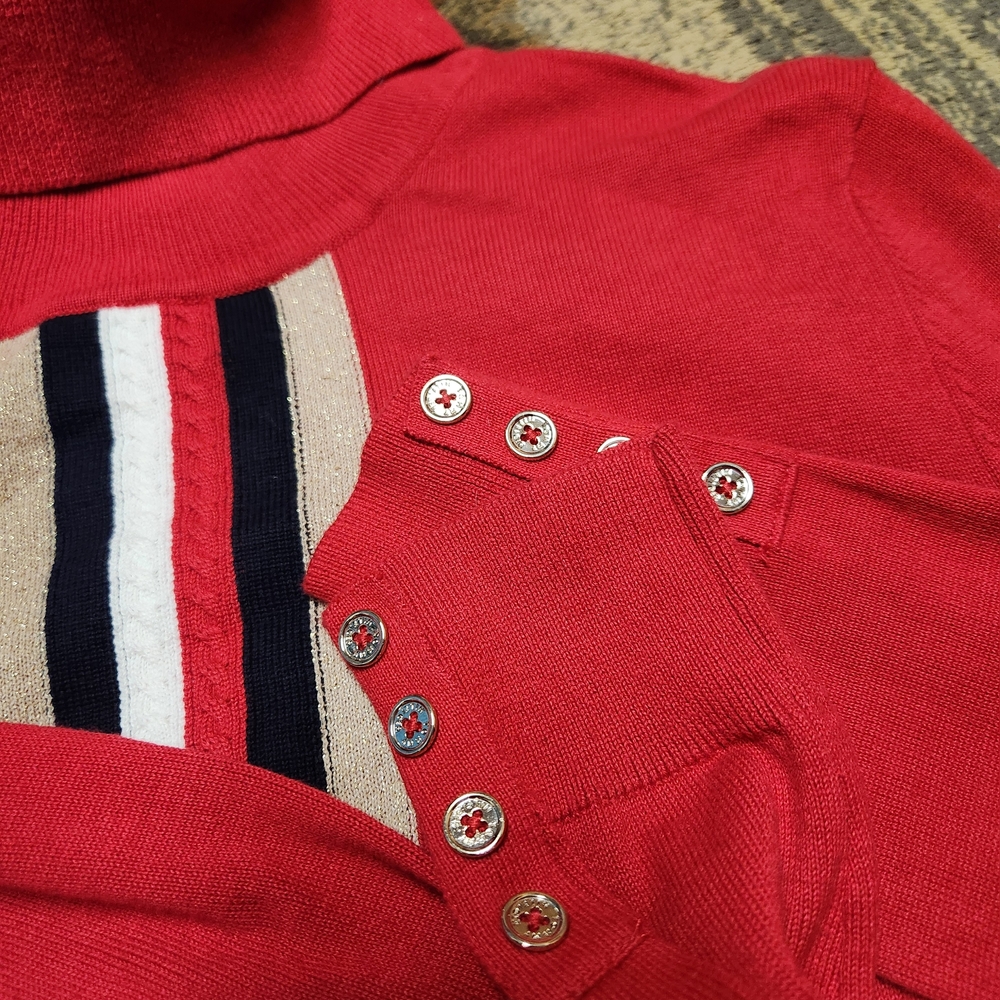 Tommy Hilfiger Red Turtleneck Sweater with Stripes - Picture 2 of 10
